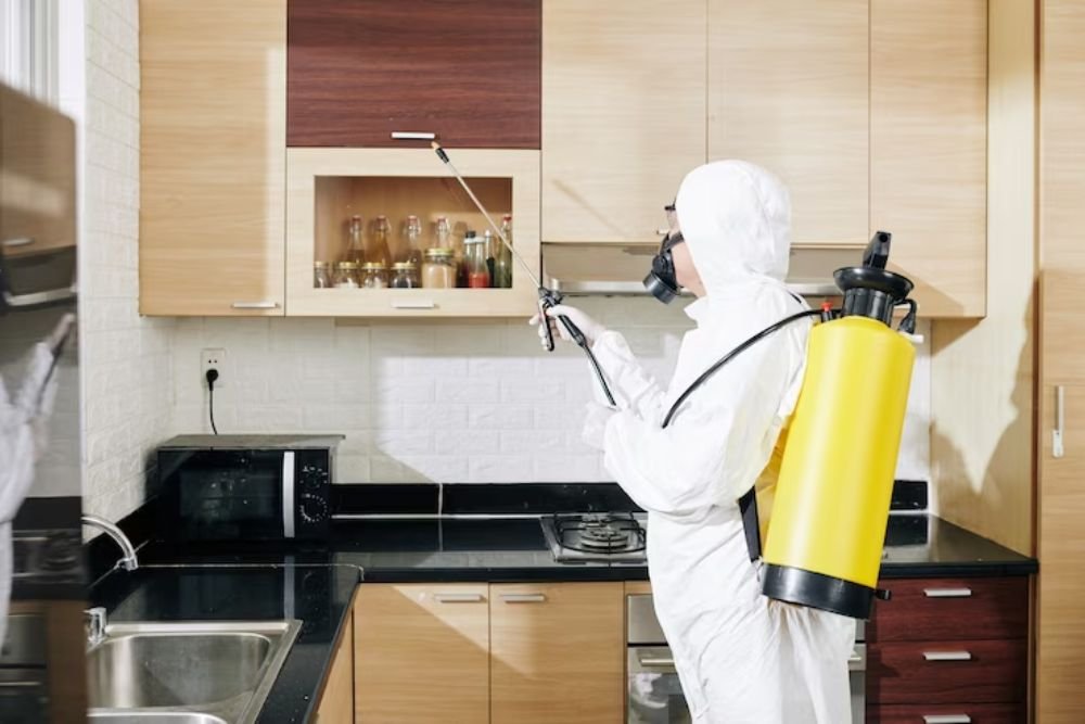 A man wearing a white protective suit and mask operates a sprayer for a pest control service in Los Angeles, CA.