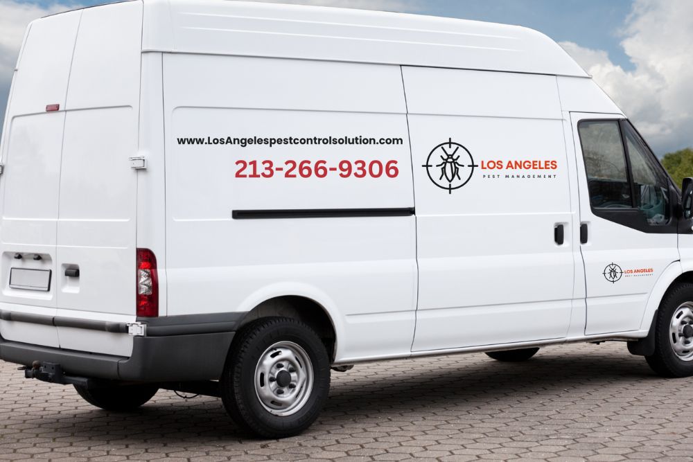 A white van with a cleaning company logo, signifying pest control services in Los Angeles, California.